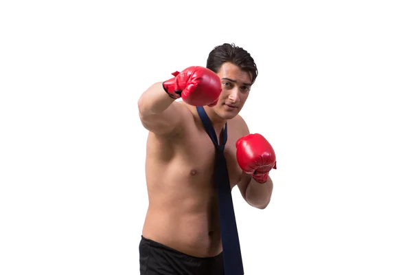 Rippade affärsman med boxhandskar isolerad på vit — Stockfoto