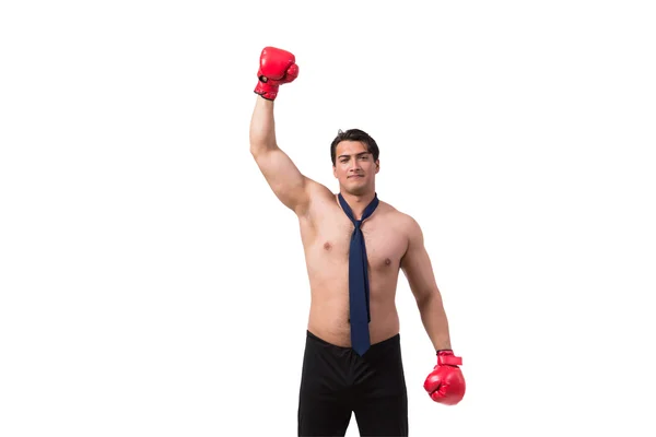 Homem de negócios rasgado com luvas de boxe isolado em branco — Fotografia de Stock