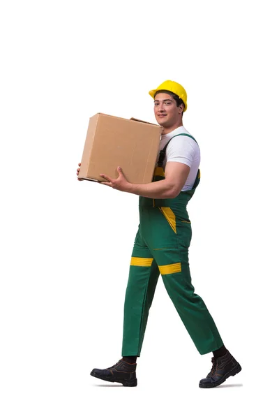 Hombre moviendo cajas aisladas sobre el fondo blanco — Foto de Stock
