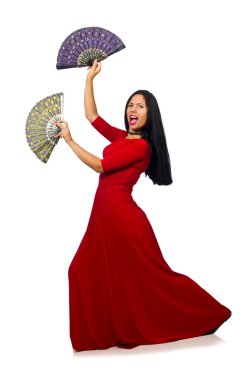 Beyaz izole fan ile Kırmızı elbiseli kadın