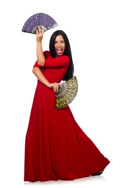 Beyaz izole fan ile Kırmızı elbiseli kadın