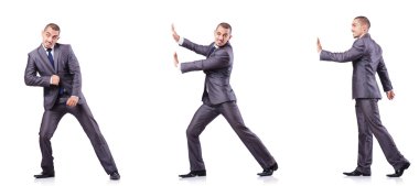 Çeşitli pozlardaki iş adamı beyazlar içinde izole edilmiş.