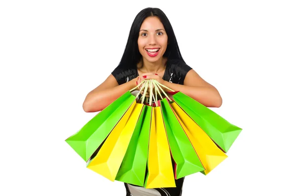 Woman with shopping bags isolated on white — Stock Photo, Image