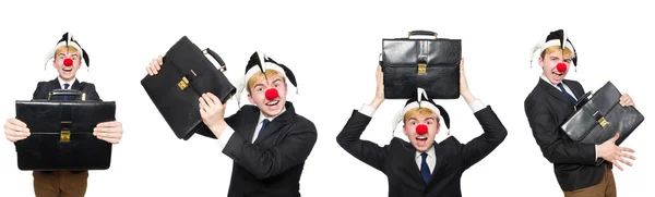 Collage von Clown Geschäftsmann isoliert auf weiß — Stockfoto