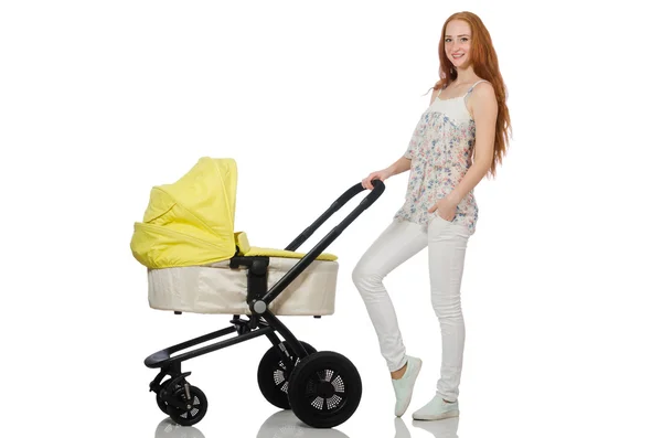 Woman with baby and pram isolated on white — Stock Photo, Image