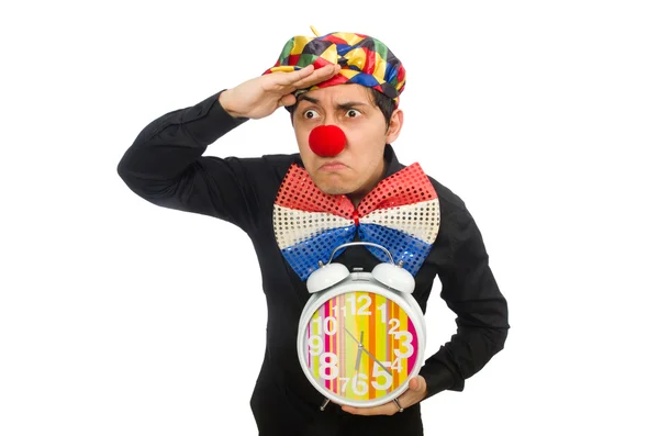 Funny clown with clock isolated on white — Stock Photo, Image