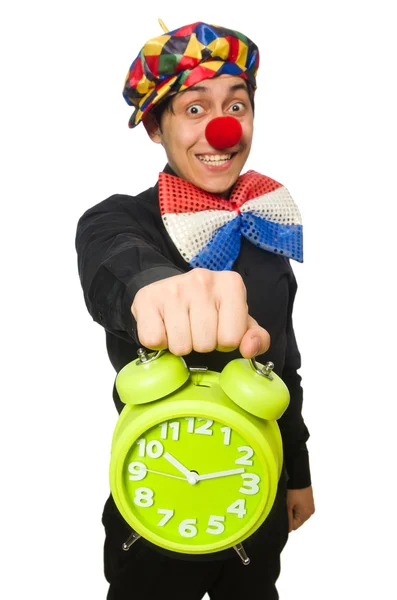 Payaso divertido con reloj aislado en blanco — Foto de Stock