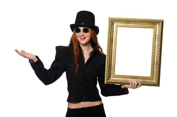 Femme avec cadre photo isolé sur blanc — Photo
