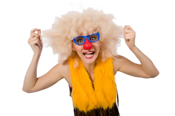 Rolig clown kvinna isolerad på den vita — Stockfoto