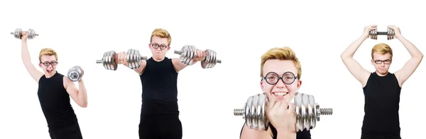 Homem com halteres isolados em branco — Fotografia de Stock