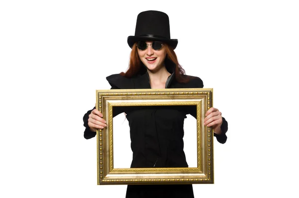 Žena s obrázkovým rámem izolovaná na bílém — Stock fotografie