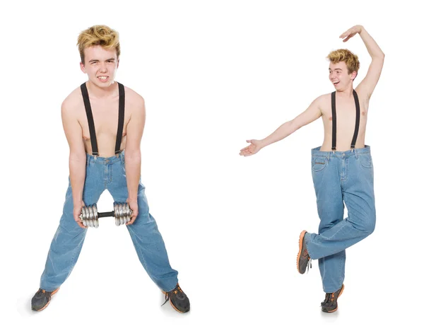 Collage of funny man with dumbbells on white — Stock Photo, Image