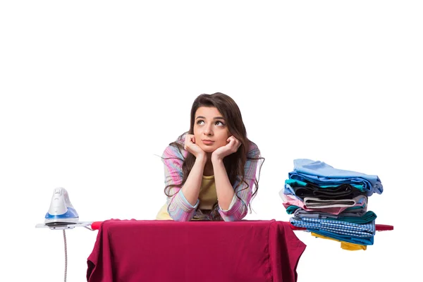 Woman ironing clothing isolated on white — Stock Photo, Image