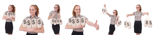 Κολάζ νεαρής επιχειρηματία με σάκους με χρήματα σε λευκό — Φωτογραφία Αρχείου
