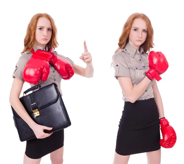 Collage van vrouw zakenvrouw met bokshandschoenen op wit — Stockfoto