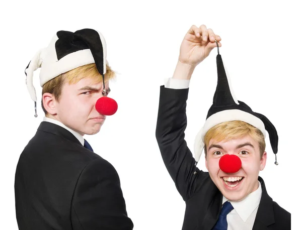 Collage di clown uomo d'affari isolato su bianco Foto Stock Royalty Free