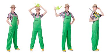 Beyaz bitkileri sulayan kadın kolajı