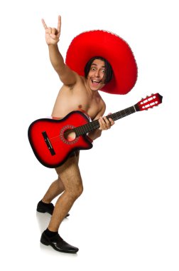 Çıplak adam beyaz gitar çalmak fötr şapka ile