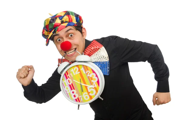 Drôle de clown avec horloge isolé sur blanc — Photo