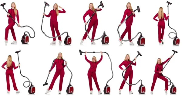 Young woman with vacuum cleaner on white — Stock Photo, Image