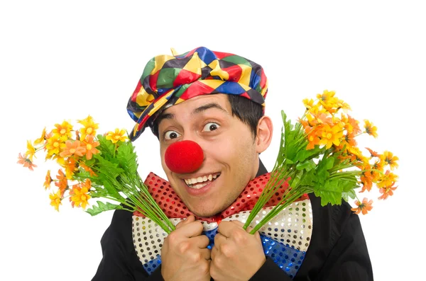 Buffo clown con fiori isolati su bianco — Foto Stock