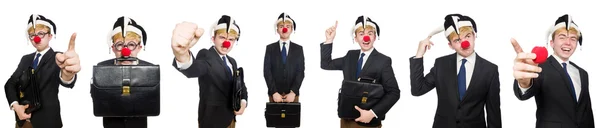 Collage van clown zakenman geïsoleerd op wit — Stockfoto