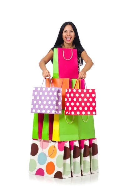 Femme avec des sacs à provisions isolés sur blanc — Photo