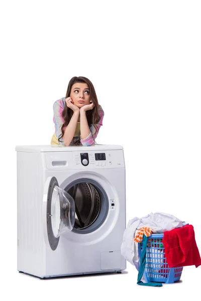 Woman tired after doing laundry isolated on white — Stock Photo, Image