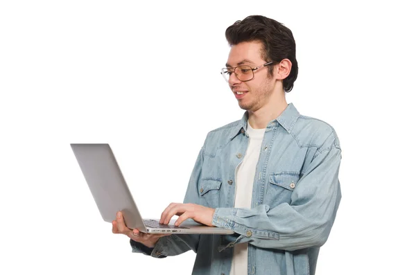 Jeune étudiant avec ordinateur portable isolé sur blanc — Photo