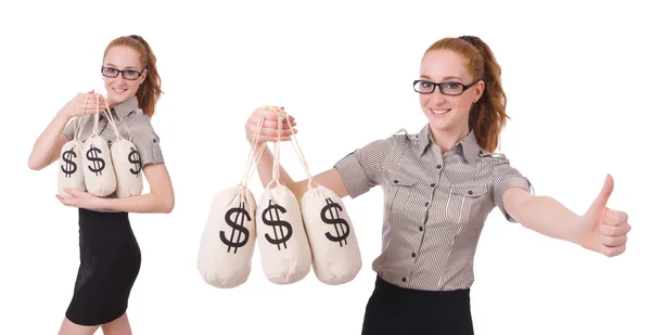 Коллаж молодой предпринимательницы с мешками денег на белом — стоковое фото