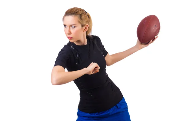 白で隔離アメリカン フットボールを持つ女性 — ストック写真