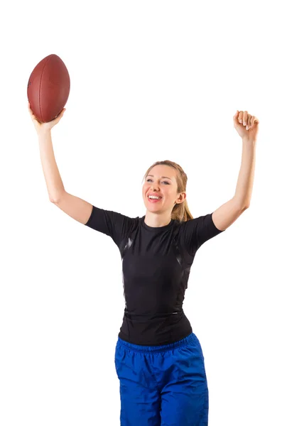 Woman with american football isolated on white — Stock Photo, Image