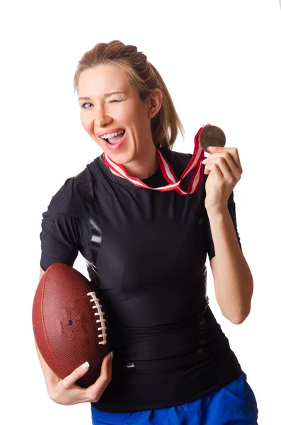 Frau mit American Football isoliert auf weiß — Stockfoto