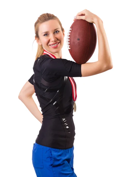 Frau mit American Football isoliert auf weiß — Stockfoto