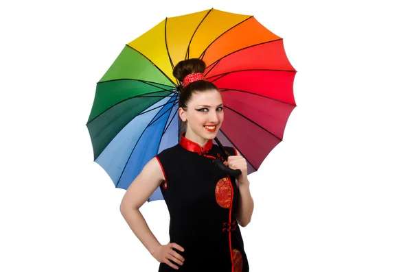 Vrouw met kleurrijke paraplu geïsoleerd op wit — Stockfoto