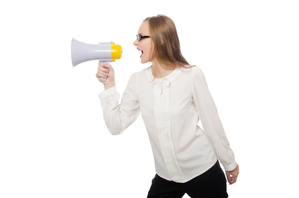 Woman with loudspeaker isolated on white — Stock Photo, Image