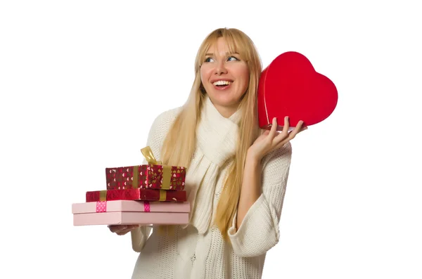 Woman with giftboxes isolated on white — Stock Photo, Image