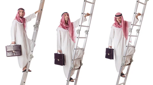 Hombre de negocios árabe subiendo las escaleras en blanco —  Fotos de Stock