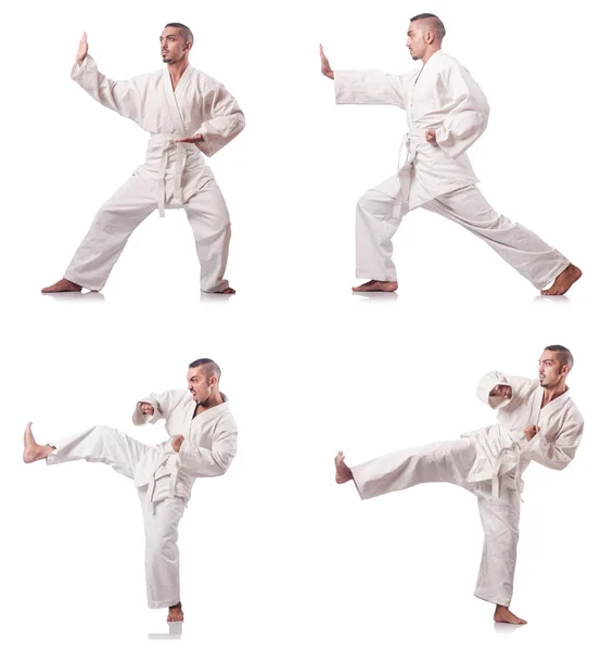 Kolaż karate player w kimono izolowane na białym — Zdjęcie stockowe