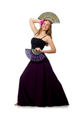 Kadın beyaz izole dansları dans fan ile