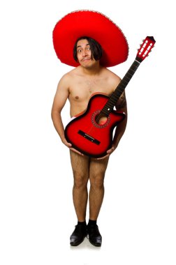 Çıplak adam beyaz gitar çalmak fötr şapka ile