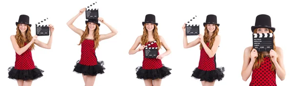 Menina bonita em vermelho polka dot vestido com placa de filme isolado em — Fotografia de Stock