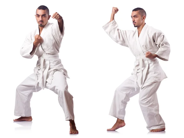 Collage eines Karate-Spielers im Kimono isoliert auf Weiß — Stockfoto