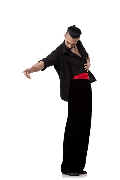 Mann Tänzer tanzt spanische Tänze isoliert auf weiß — Stockfoto