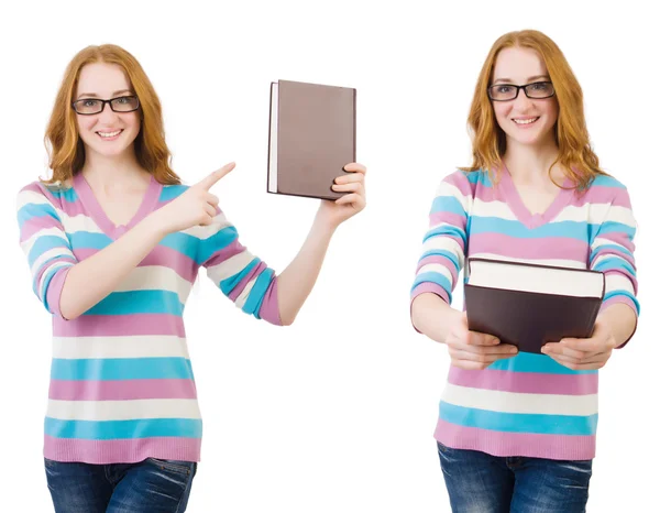 Junge Studentin mit Büchern auf Weiß — Stockfoto