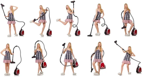 Young woman with vacuum cleaner on white — Stock Photo, Image