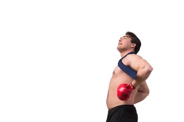 Aufgerissener Geschäftsmann mit Boxhandschuhen auf weißem Untergrund — Stockfoto