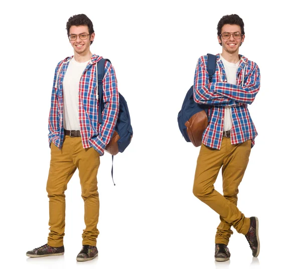 Collage van student met rugzak op wit — Stockfoto