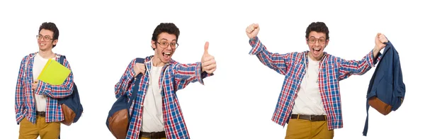 Collage of student with backpack on white — Stock Photo, Image