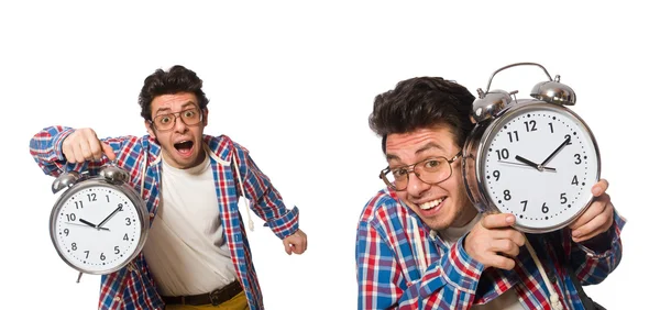 Estudante com despertador isolado em branco — Fotografia de Stock